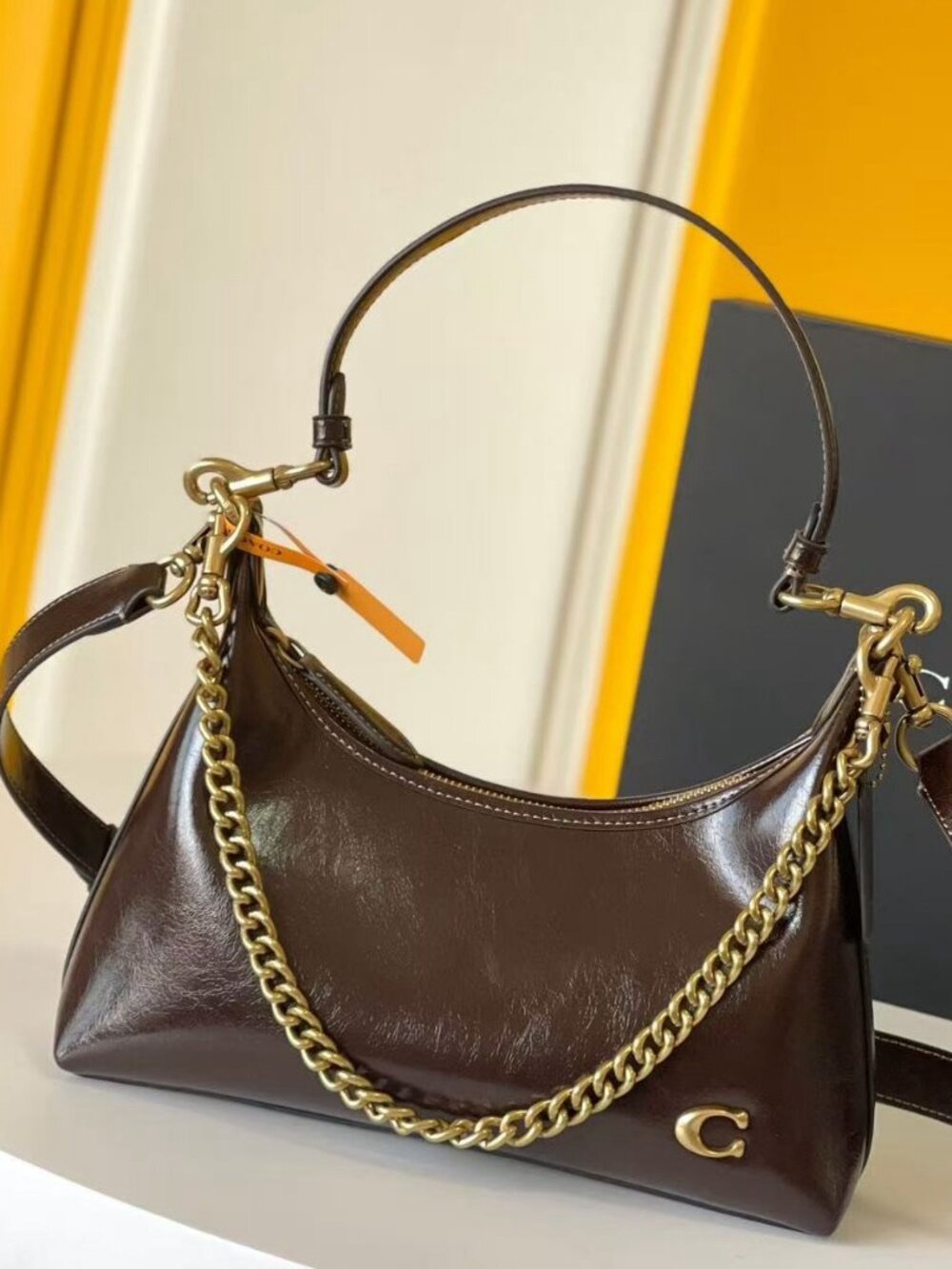 Coach Dark Brown Leather Shoulder Bag with Gold Chain
